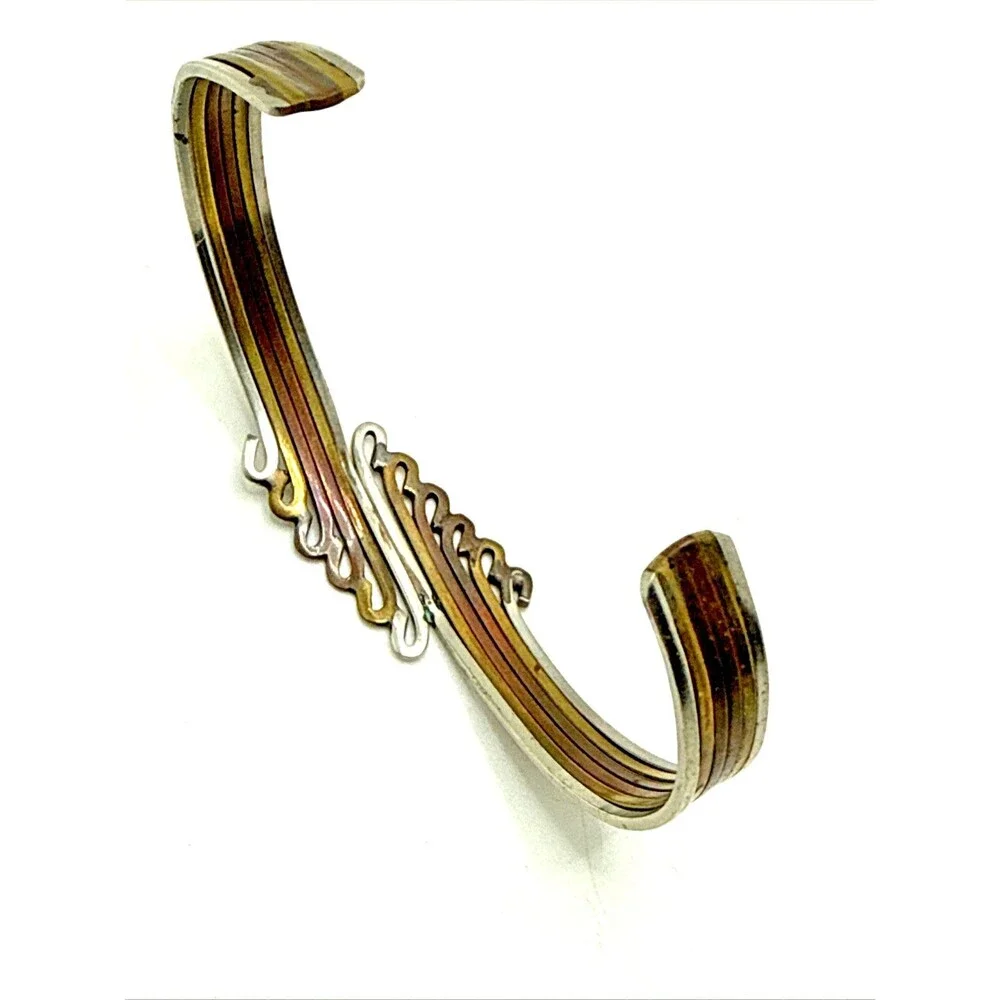 Vintage Tri Color Copper Brass Silver Tone Cuff Bracelet 7.5